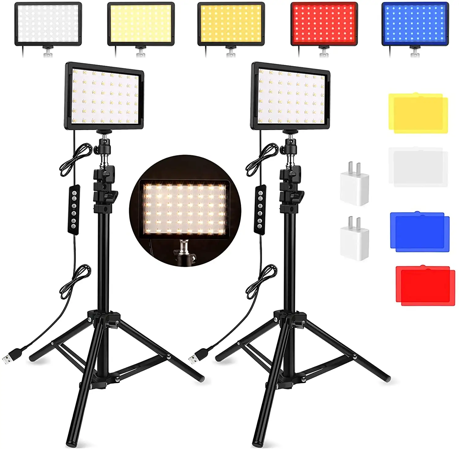 Led Video Licht Met Statief & Kleur Filters Fotografie Verlichting Voor Camera Webcam Zoom Streaming Youtube (2 Pack)