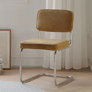 Mid Century Modern Yellow Corduroy Fabric Medium Back Armchair Retro Leisure Accent Chair with Metal Legs
