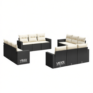 Large Garden Sofa Set In <b>Black</b> Pe Rattan With Powder Coated Steel <b>Frame</b> Elegant Outdoor Furniture For 6 Person Seating - Product Image 1