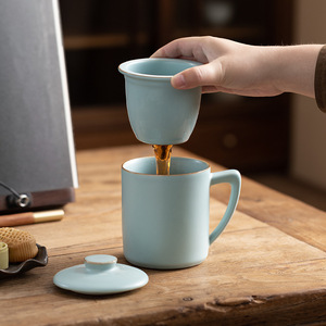 Juego de tazas de té de porcelana Tianqing Ru, taza de cerámica con cuchara, regalo de oficina para reuniones de negocios y festivales - Product Image 4