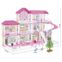 Maison de poupée rose de rêve de grande taille en plastique à assembler soi-même avec accessoires de meubles et poupées garçon et fille pour jeu d'imitation de princesse