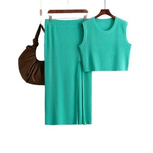Blubelle Summer Casual Vertical Ribbed Knit Relaxed Fit Washable Two-Piece Set for Women Sleeveless Tank Top + <strong>Split</strong> Midi <strong>Skirt</strong> - Product Image 6