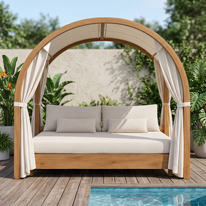 Bespoke Teak Wood Poolside Cabana Double Daybed Pavilion with Half Circle Arched <b>Roof</b> - Product Image 1