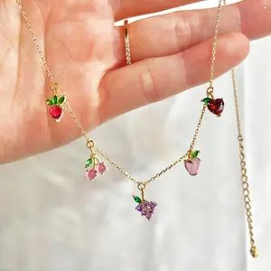 Indah Musim Panas Lucu Perempuan Perhiasan Baja Nirkarat Warna-warni Buah Liontin Kalung Mungil Kristal Cherry Apple Kalung Trendi