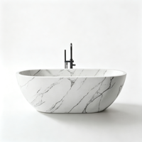 Baignoire autoportante en résine de pierre gris-blanc veinée marbre, ovale, avec robinet au sol, pour villa et hôtel