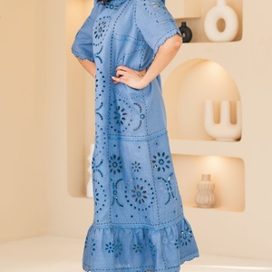 Robe en coton et lin personnalisable à la mode, col rond, décontractée, manches courtes, mi-longue, robe d'été pour femmes - Product Image 4