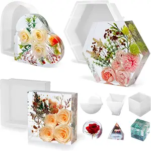 Große Harz formen Silikon-Kit inklusive Deep Hexagon Heart Square Resin Flower Buchs tützen Formen