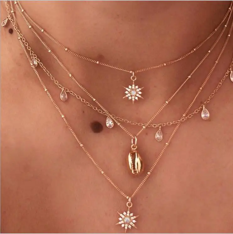 Bohemia Trendy Choker Crystal Moon Stars Drop Alloy shell Pendant Multilayer Necklace Women Party Wedding 2020 Simple Jewelry