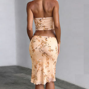 Women's Y2K Vintage Floral Print Contrast Mesh Spliced Regular Fit 2 Piece Set Short Crop Tube Bodycon Midi Skirt <b>Fringe</b> Beads - Product Image 3