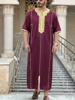 Thobe noir pour hommes musulmans, broderie en fil doré, col en V, passepoil rayé doré, manches courtes, robe islamique de luxe, robe formelle Jubba