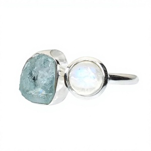 Bague en argent sterling 925 avec serti clos, aigue-marine et pierre de lune arc-en-ciel, tendance, chrétienne, faite à la main, bijoux fins anciens certifiés - Product Image 1