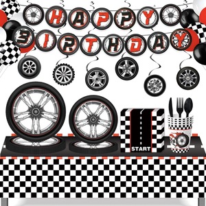 Articles de fête sur le thème de la course automobile, décorations d'anniversaire, vaisselle, accessoires roues, bannière, nappe, ensemble jetable pour enfants de 5 à 7 ans - Product Image 1