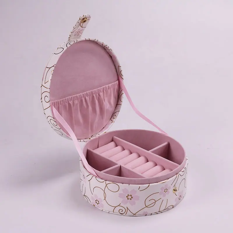Caixa de embalagem de joias com logotipo de luxo, caixa organizadora de armazenamento de joias estampadas em couro PU branco falso, formato redondo por atacado