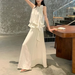 Ensemble deux pièces pour femmes, style coréen, haut sans manches à bretelles et jupe fluide, blanc, à volants, tenue décontractée - Product Image 2