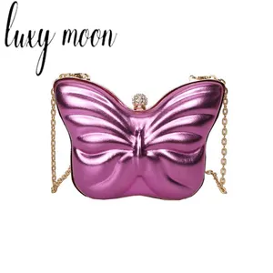 Tas selempang rantai kupu-kupu wanita, dompet genggam ungu untuk Pesta Jamuan Fashion warna Solid tas tangan malam Z702