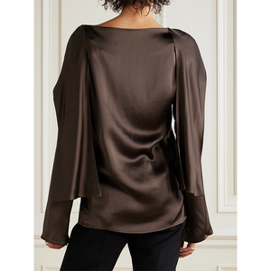 <span class=keywords><strong>Blusa</strong></span> da <span class=keywords><strong>donna</strong></span> a maniche lunghe in seta <span class=keywords><strong>marrone</strong></span> con colletto drappeggiato stampa floreale di moda quotidiana con maniche a canotta decorazione con nappe per l'estate - Product Image 4