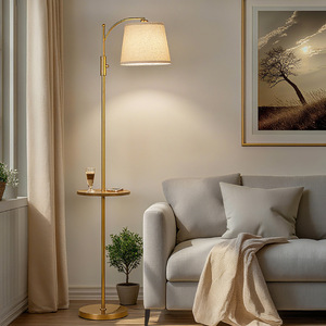 Modern Floor <b>Lamp</b> With <b>Table</b> Beige Linen Shade Brass Body Adjustable Height LED Light Source E27 <b>Base</b> For Living Room Bedroom - Product Image 1