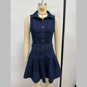 Channel Chic Sleeveless Pleated Denim Mini Dress for Women Teen Girl Summer 2026 Collared Button <strong>Jean</strong> a <strong>Line</strong> Short Dresses - Product Image 5