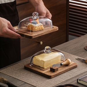 Caja de mantequilla de madera de acacia con cuchillo, tabla de queso, rebanadora, tapa de vidrio para cortar queso, mantequilla, pastel, plato de postre - Product Image 3