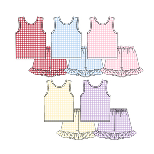 Preorder MOQ 5 Solid Color Plaid Girls Summer Outfits Wholesale <b>Toddlers</b> Clothing Trendyism Boutique Spandex/Organic Milk Silk - Product Image 1