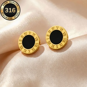 Boucles d'oreilles clous en acier titane à chiffres romains, boucles d'oreilles rondes à effet goutte d'huile noires, style rétro européen et américain, simples et originales - Product Image 6