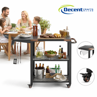 Chariot de service portable pour barbecue avec plateau en acier inoxydable brossé, extension noire et crochets en S