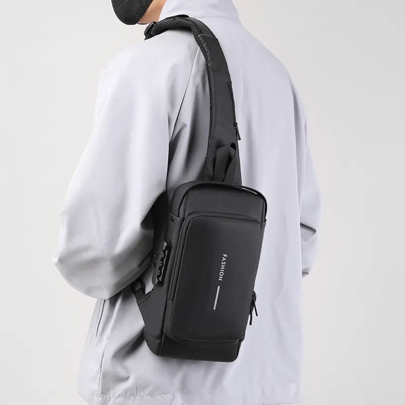 Men's chest bag password lock anti-theft motorcycle bag with usb leisure outdoor running travel purse shoulder slung sport bag