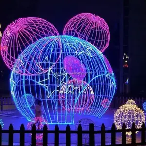 Outdoor walk thru giant lighted Mickey Mouse Christmas bauble ornament for commercial winter garden decoration