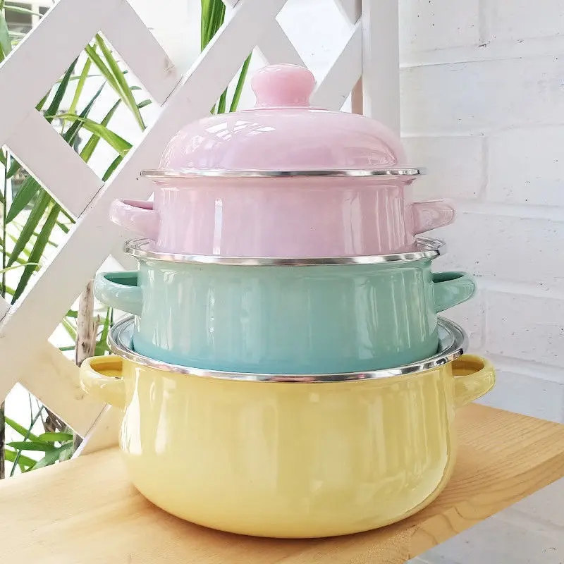 Thickened Candy-colored Enamel Pot Set Cookware Soup Three-piece Enamel Pot Pink Enamel Pot With Lid