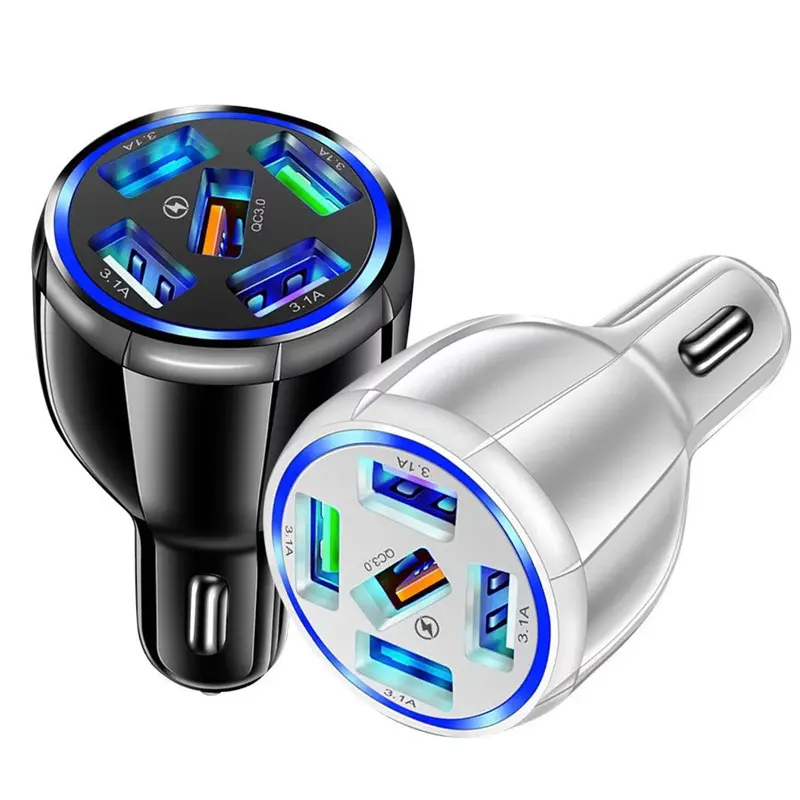 5 Port USB Car Charger QC3.0 Fast Charging 15A Smart Shunt Car Phone Charger with Light for iPhone