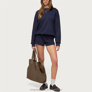 <strong>Women's</strong> Waffle Knit Loungewear Set Long Sleeve <strong>Henley</strong> <strong>Top</strong> and Drawstring Shorts Casual 2 Piece Outfit Soft Fabric - Product Image 2