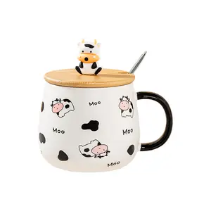 480ML Cartoon cow with wood lid spoon mug home breakfast cup children's milk cup