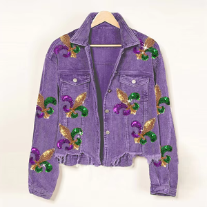Pronto per la spedizione FDL con ricami di paillettes Patch Shacket martedì Gras cappotto floreale velluto a coste cappotti giacca da donna per il grasso di martedì - Product Image 6