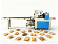 Machine d'emballage horizontale automatique pour barres chocolatées, gaufrettes, biscuits et autres produits alimentaires, avec sacs en film plastique