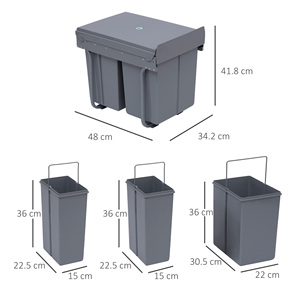 HOMCOM <b>Pull</b>-<b>Out</b> <b>Waste</b> <b>Bin</b> with 3 Containers for Separate <b>Waste</b> Collection, Total Capacity 40L, 48x34.2x41.8cm Grey - Product Image 3