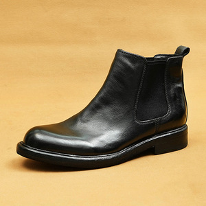 Botas de cuero genuino para hombre, altura al tobillo, punta redonda, sin cordones, suela de goma antideslizante, color sólido, impermeables, al por mayor - Product Image 5