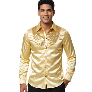 White Slim Fit Sequin <b>Men's</b> Long Sleeve Button-Up Formal Dress <b>Shirt</b> Glitter Print Woven Satin Fabric for Wedding <b>Party</b> Wear - Product Image 1