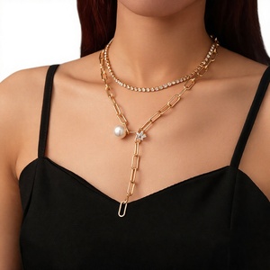 Collar de Oro con Capas, Cadena CZ, Gargantilla, Imitación de Perlas, Geométrico, Multicapa, para Mujer - Product Image 2