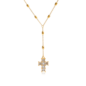 Collana a Y J&D Stile Classico con Ciondolo a Croce in Cristallo Quadrato Bianco Acciaio Inossidabile Placcato Oro 18K e Chiusura a Sfera - Product Image 2