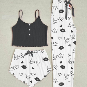 Nuovo Set Estivo Traspirante <span class=keywords><strong>da</strong></span> Donna con Logo Frontale e Stampa a Cuore, <span class=keywords><strong>Camicia</strong></span> <span class=keywords><strong>da</strong></span> <span class=keywords><strong>Notte</strong></span>, Canotta, Pantaloncini e Pantaloni Lunghi, Tre Pezzi - Product Image 4