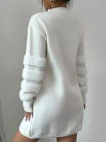 Robe pull mini en maille douce pour femme, col montant, manches longues, bordure en fausse fourrure, coupe ample, élégante, personnalisable OEM ODM, vente en gros, directement de l'usine