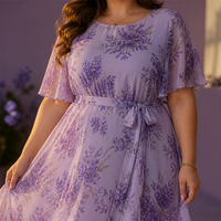 Robe longue maxi personnalisée grande taille pour femme, imprimé floral violet Jacaranda, en mousseline, col rond, coupe trapèze, longueur ras du sol, romantique
