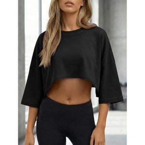 Womens Cropped Top Short Sleeve Drop Shoulder Loose Fit Lightweight Crop Top For Yoga Workout Casual Wear - Product Image 3