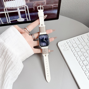 Correa de cuero genuino de cintura delgada creativa SmartWin para Apple Watch 10 SE 9 8 7 6 5 4 banda de repuesto de diseño de anillo de acero - Product Image 5