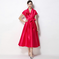 Robe élégante pour femme, taille empire, col rabattu, silhouette en A, manches courtes, fleurs 3D, de haute qualité