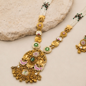 Ensemble de collier traditionnel en argent 925 avec boucles d'oreilles assorties, finition antique, bijoux de créateur pour mariage, bijoux en argent festifs - Product Image 3