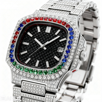Montre de luxe pour couple en acier inoxydable plaqué or 18 carats, entièrement sertie de diamants, avec bracelet en métal et pierres colorées