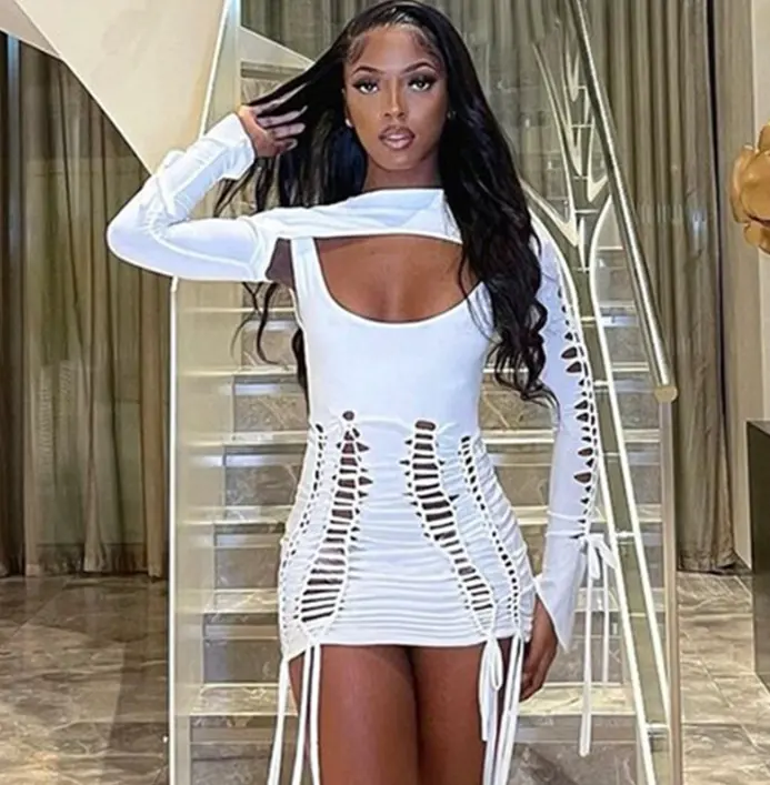 2023 spring fashion hollow out dress sexy club party white black dress long sleeve jacket suit slim bandage cut out mini dress