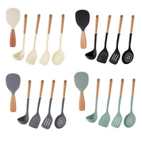 Manjia Lot de 5 ustensiles de cuisine en silicone antiadhésif résistant à la chaleur avec poignée en bois, spatule, ustensiles de cuisine