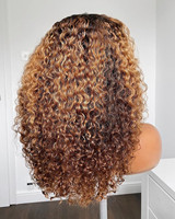 Perruques Lace Front en Cheveux Humains à Cuticules Alignées, Ondulées Bouclées, Couleur Mèches Blond Miel, avec Frange Complète